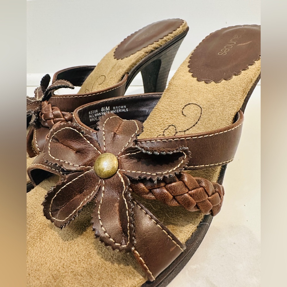 Brown Leather Flower Embellished High Heel Sandals